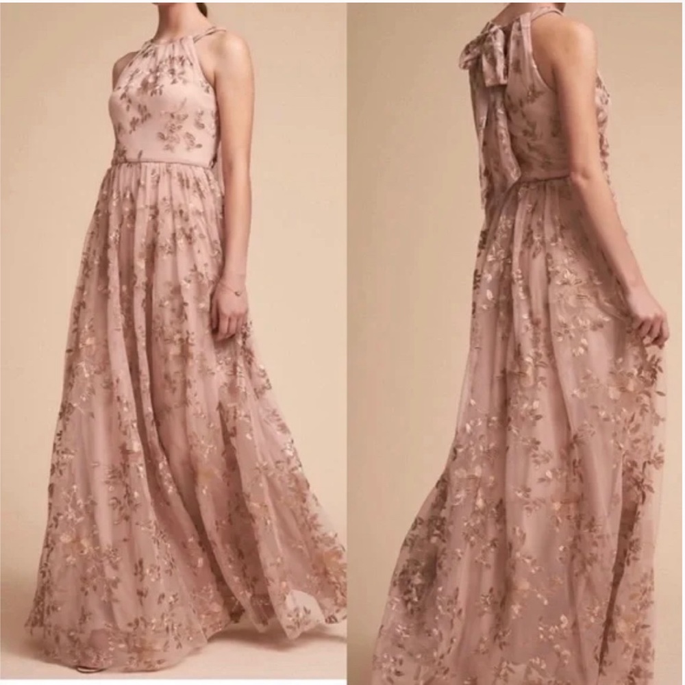 BHLDN x Anthropologie Antonia Bridesmaid Gown Embroidered Floral Gold Blush